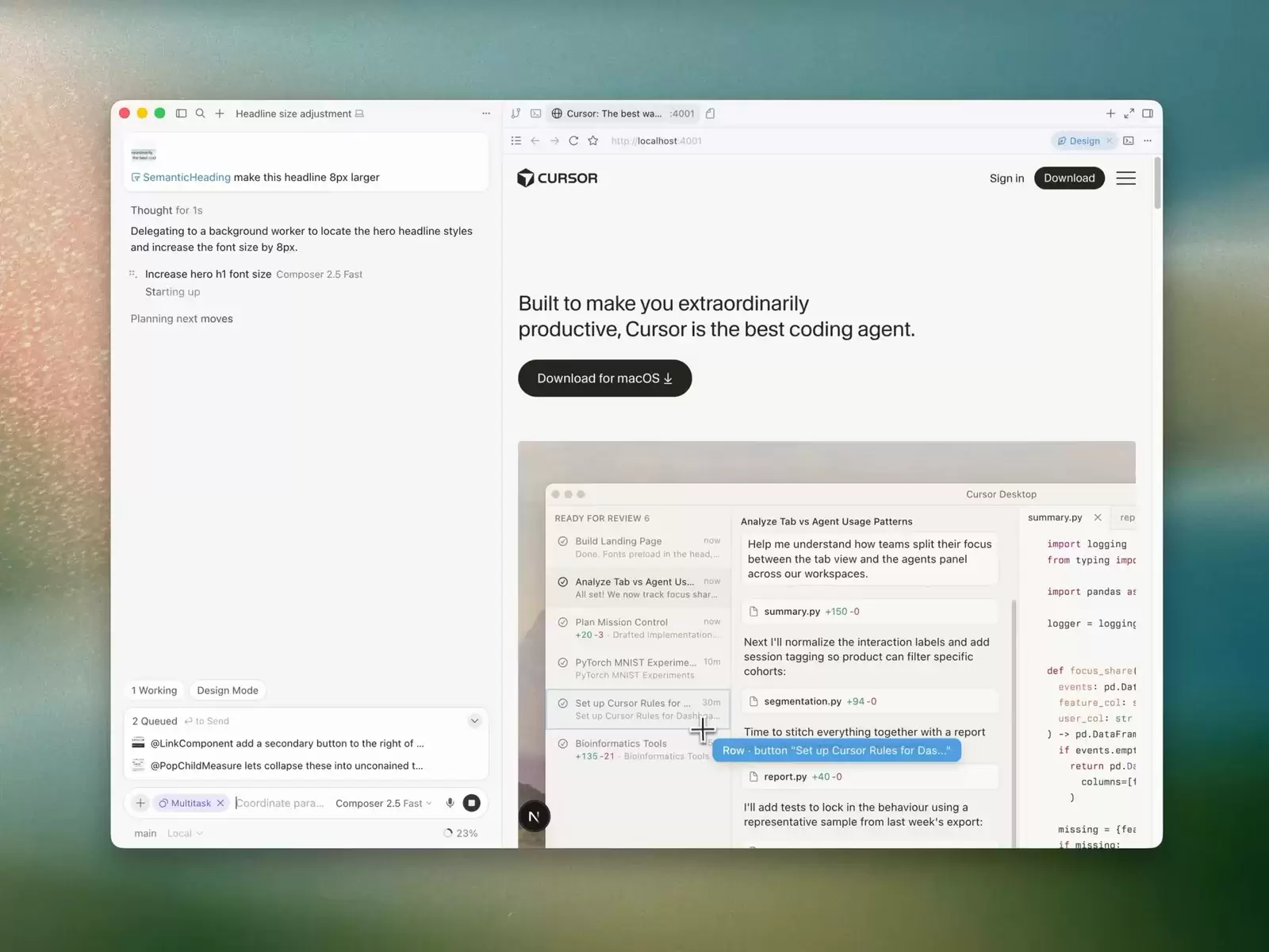 Cursor Agent 左侧显示正在定位标题样式并启动后台任务,右侧保留运行中的页面
