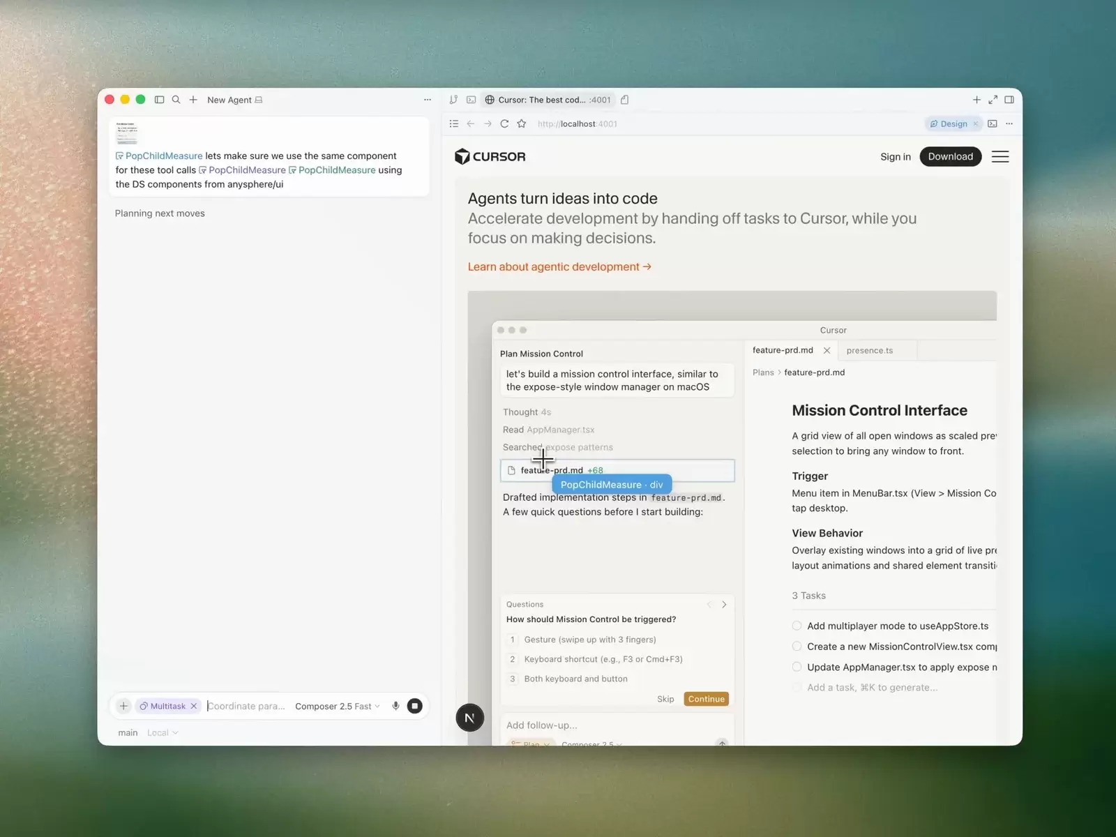 Cursor Agent 根据选中组件生成实施计划,右侧显示功能文档、源文件和任务列表
