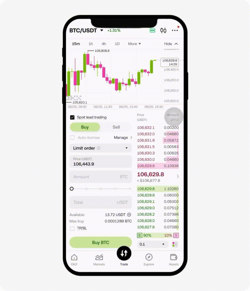 OKX现货交易页面的交易对K线和限价单区域