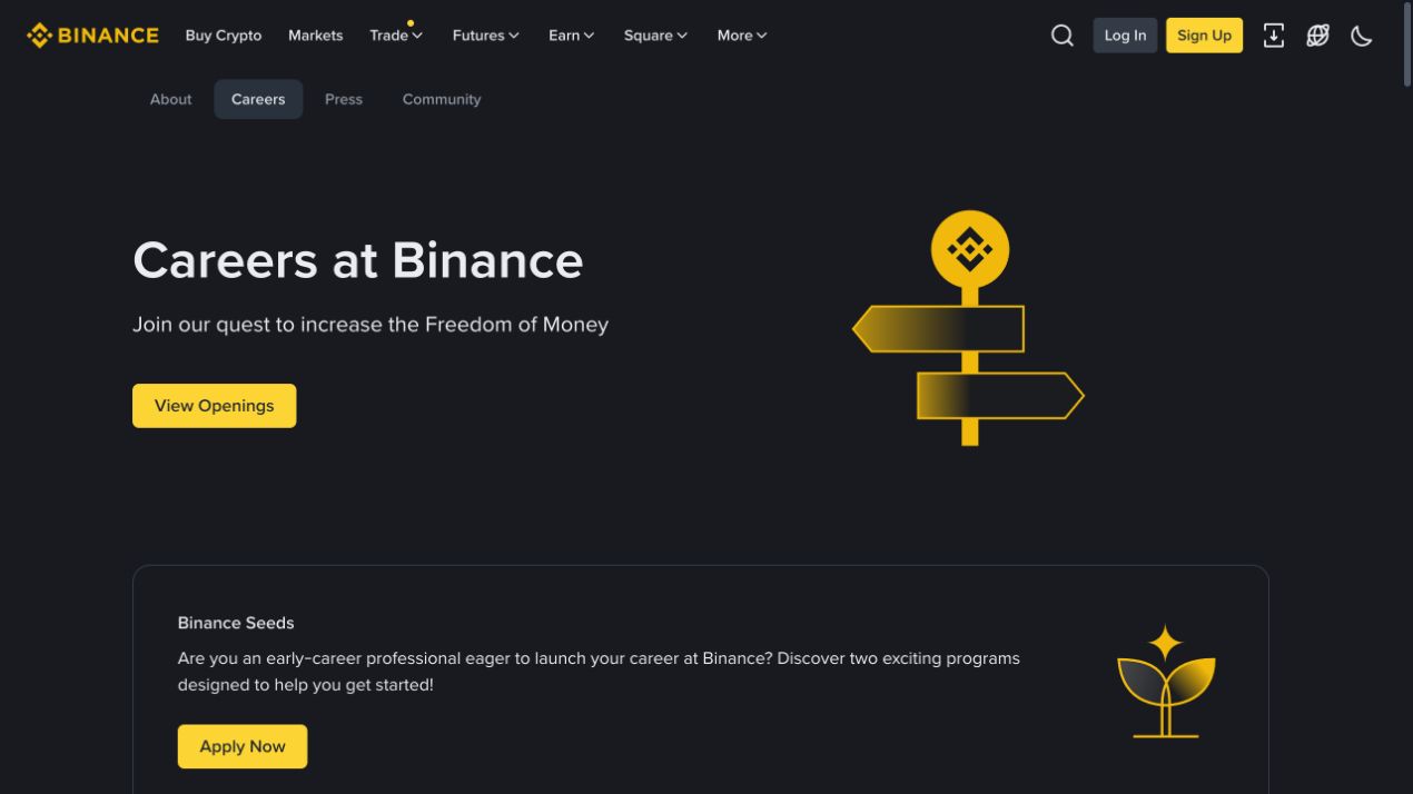 Binance Careers 官方入口页中的 View Openings 按钮