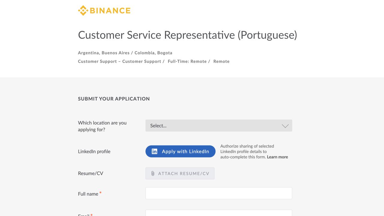 由 Binance 官方岗位页跳转的 Lever 申请表