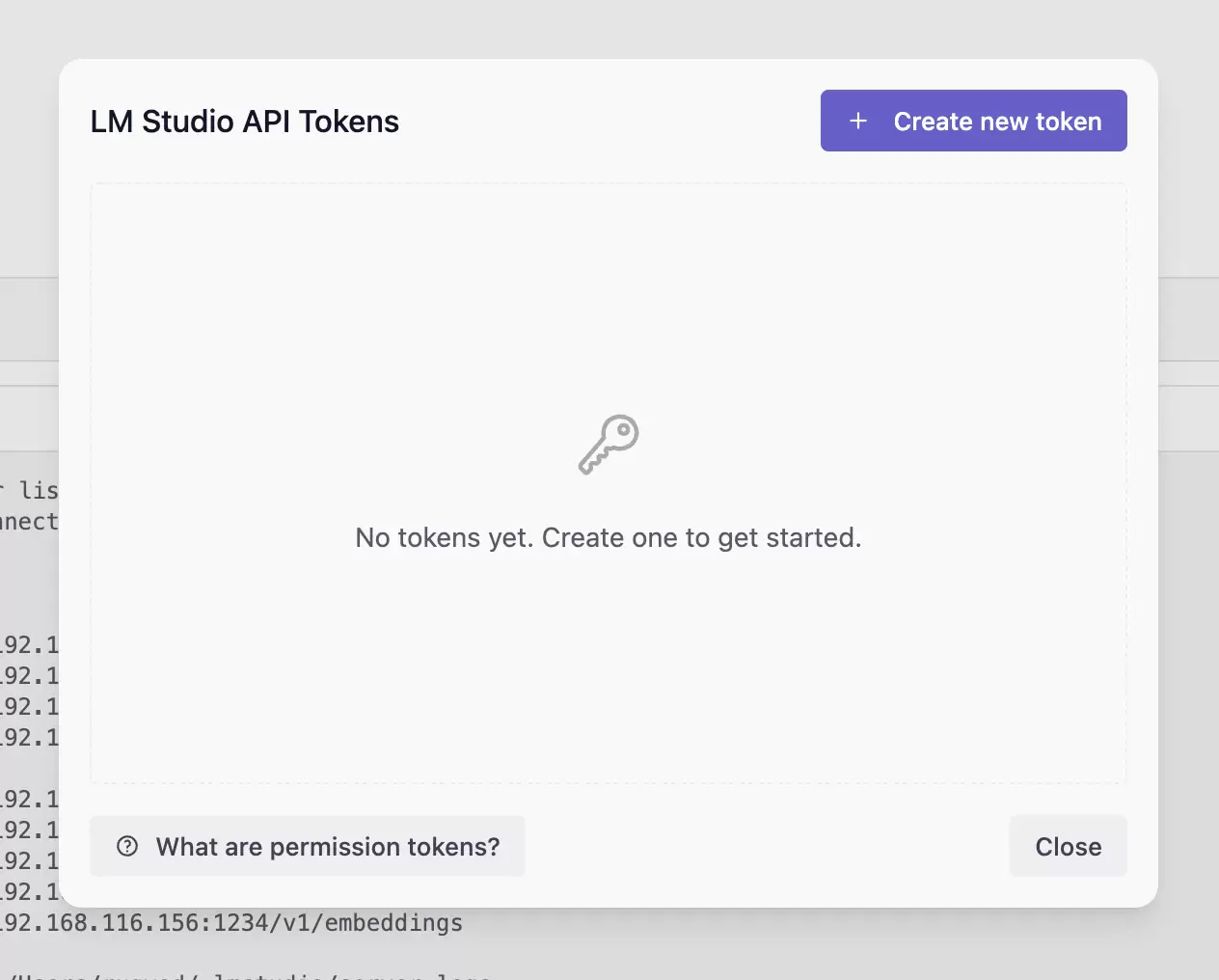 LM Studio API Tokens 管理窗口中的 Create new token 按钮和空列表状态