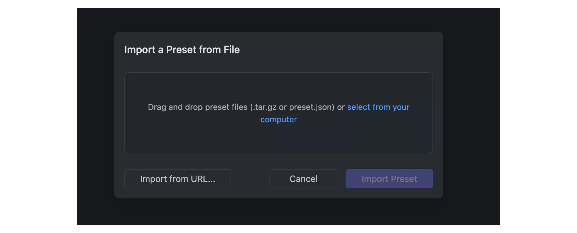 LM Studio Import a Preset from File 对话框，显示拖放区域、从电脑选择和导入按钮