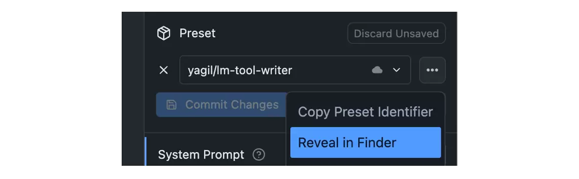 LM Studio Preset 菜单的更多操作中高亮 Reveal in Finder