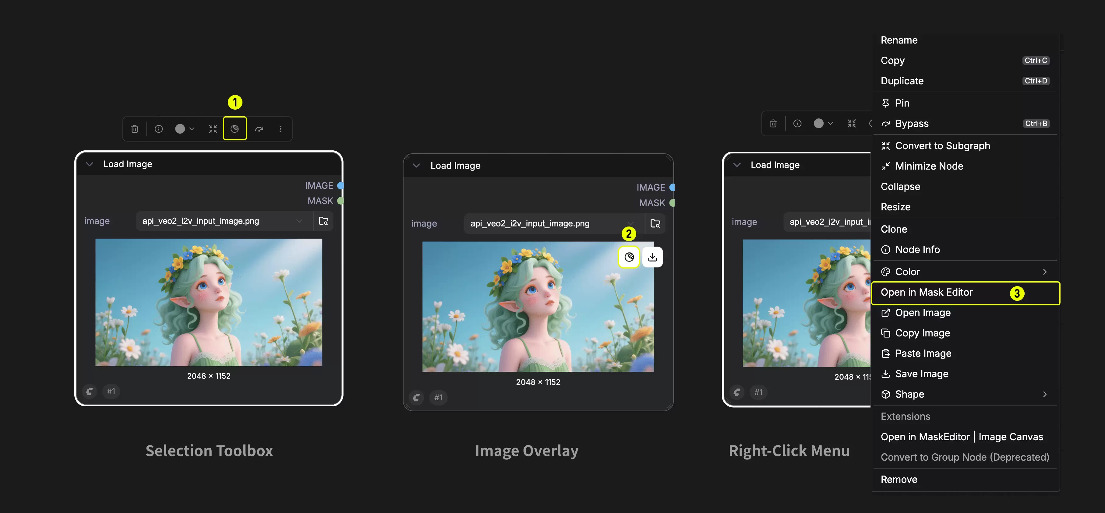 ComfyUI Load Image 节点中打开 Mask Editor 的三种入口