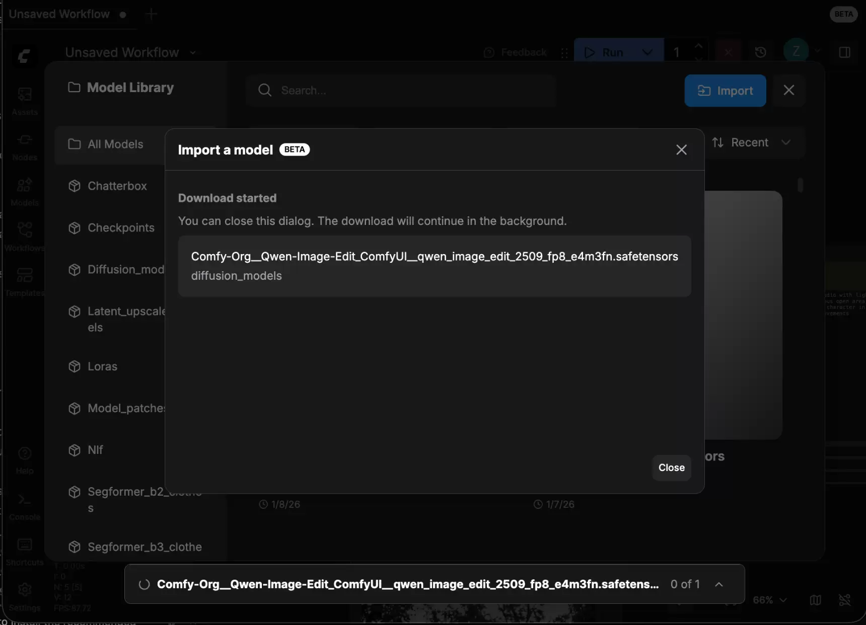 ComfyUI Cloud Import a model 弹窗显示 Download started 和后台下载任务条