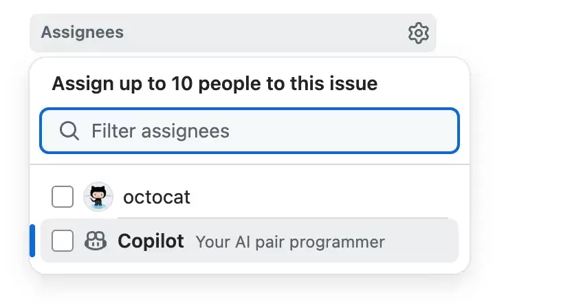 GitHub Assignees 选择窗口中出现 Copilot 选项