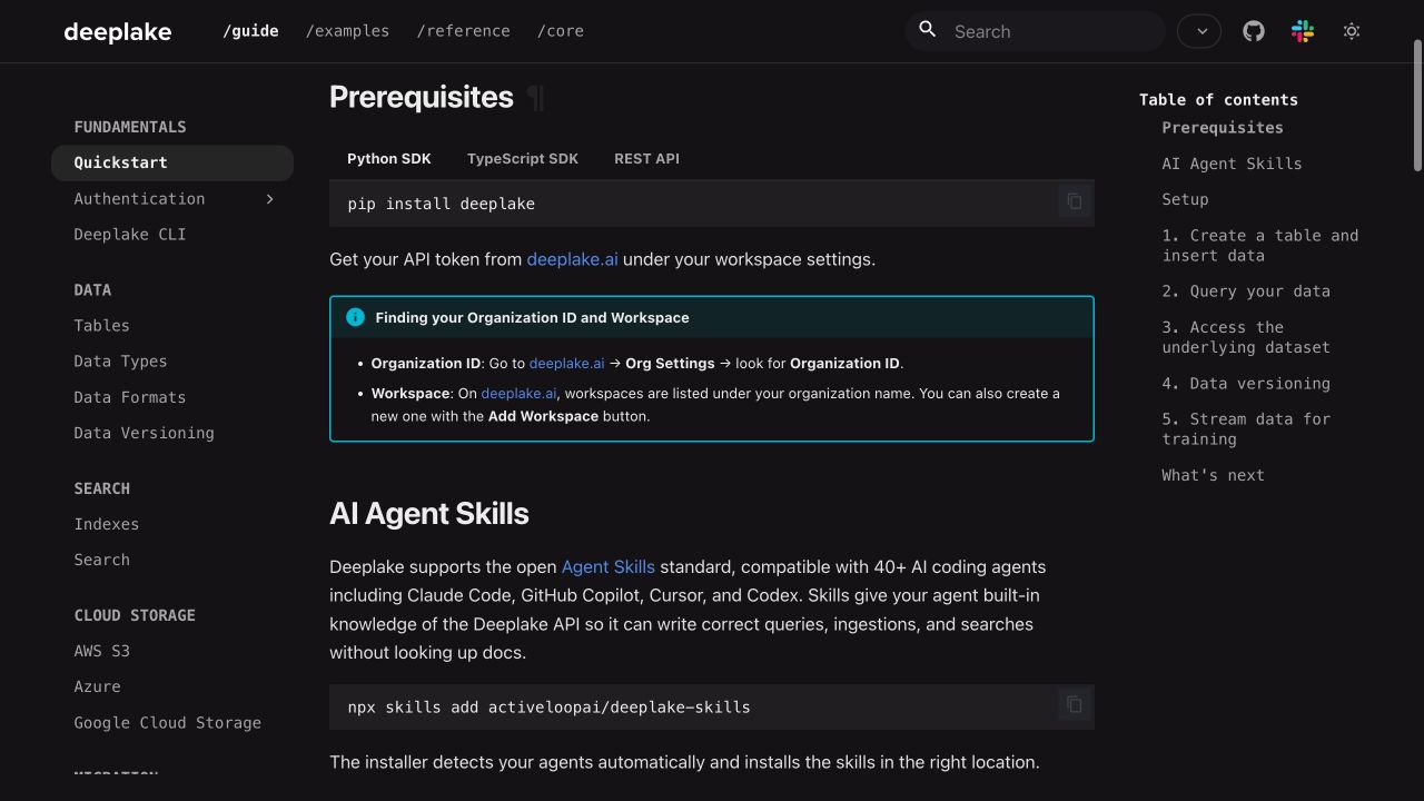 Deep Lake 官方快速入门列出 pip 安装、Token 与 Workspace 前置条件