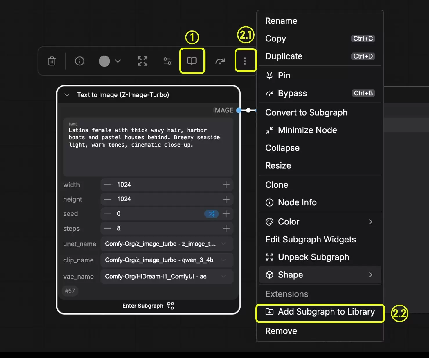 ComfyUI 子图选中工具栏的书本发布按钮与更多菜单中的 Add Subgraph to Library