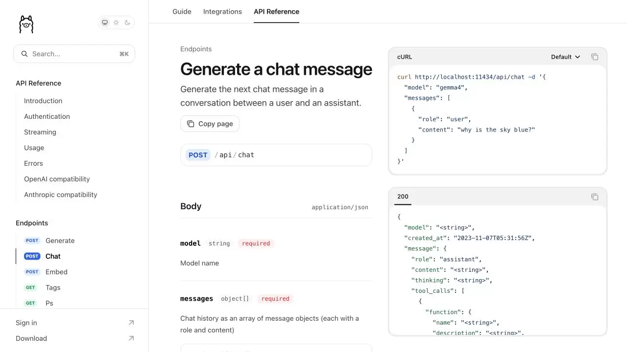 Ollama 官方 Chat API 页面显示 POST api chat、model 和 messages 必填字段