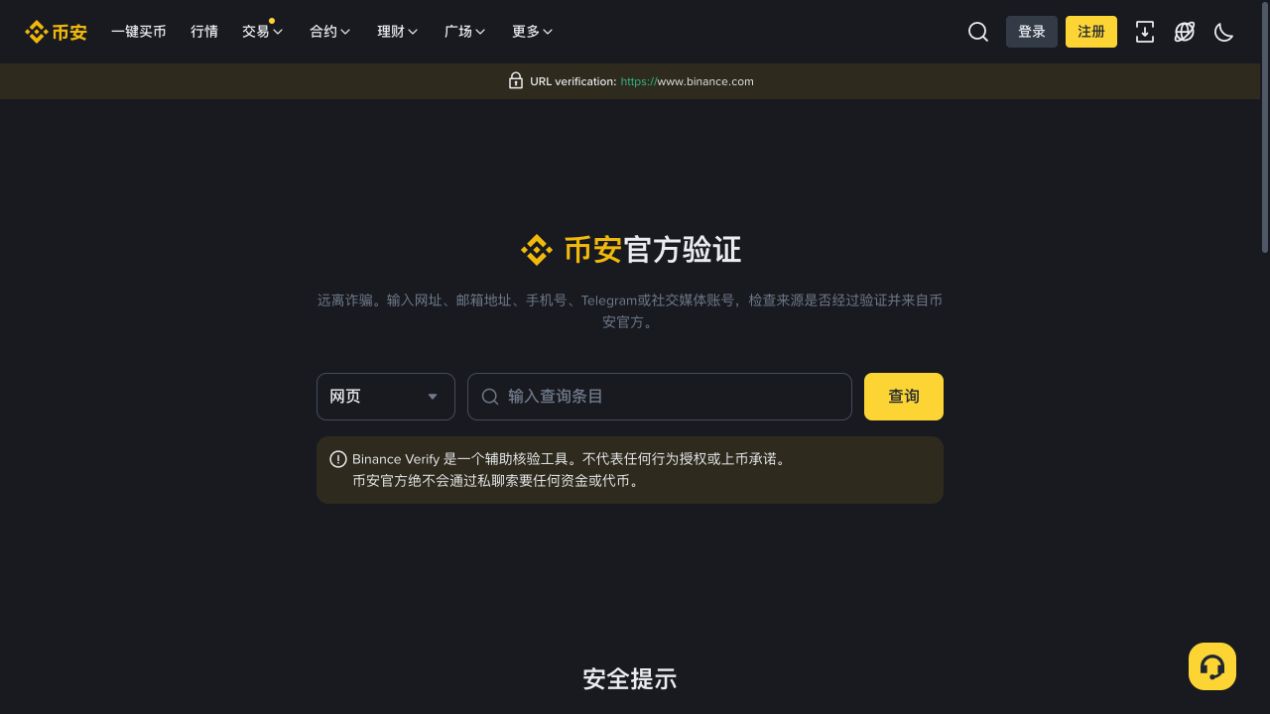 币安官方验证页面显示币安品牌和 binance.com 主域名