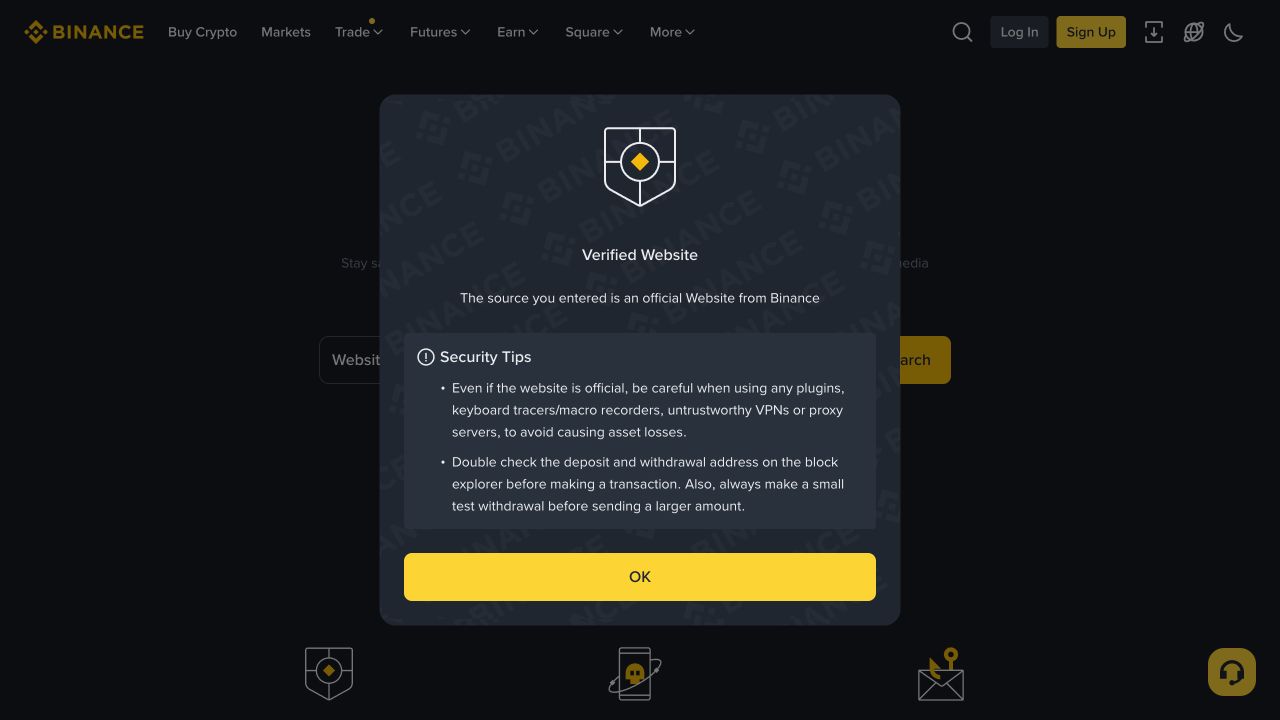 Binance Verify 对 www.binance.com 给出已认证网站结果