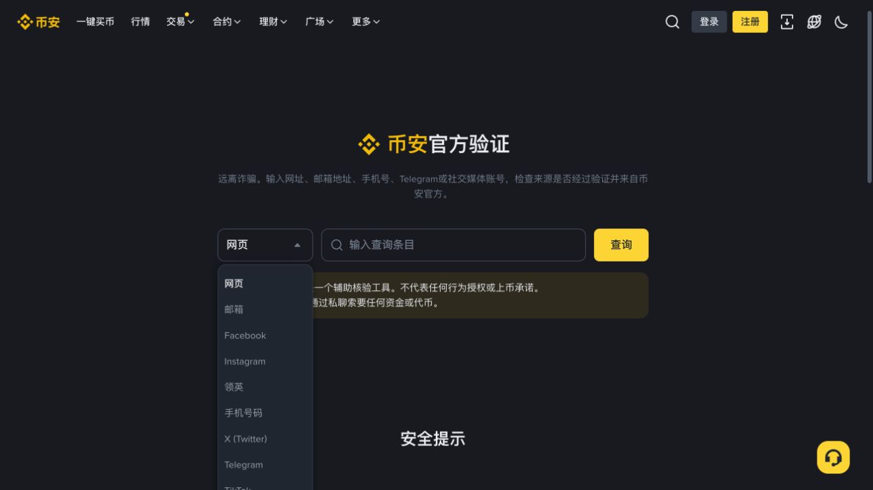币安官方验证工具展开菜单,显示网页、邮箱、手机号和社交媒体等查询类型