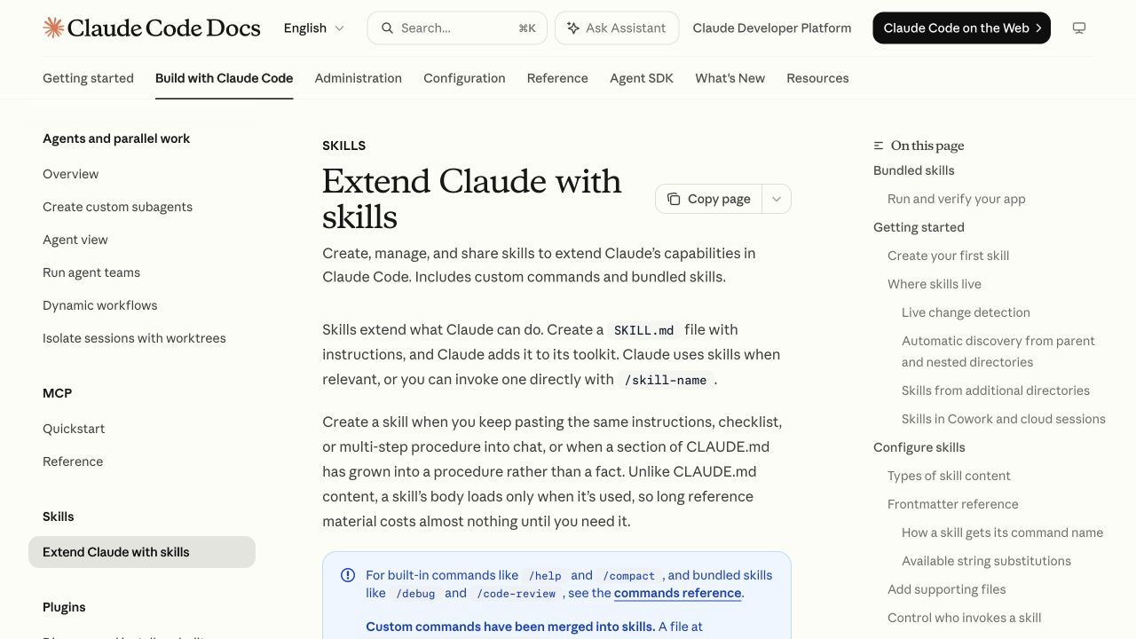 Claude Code 官方 Skills 文档,说明使用 SKILL.md 扩展 Claude Code