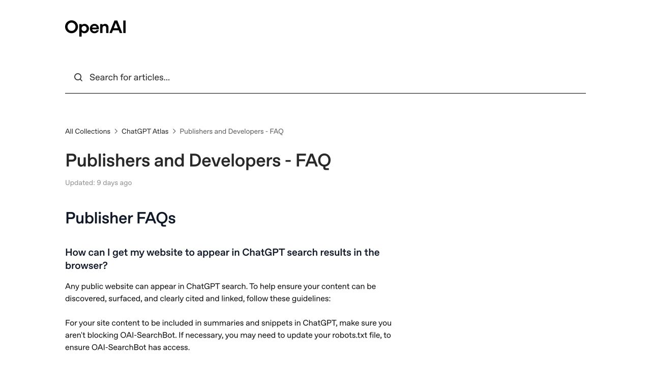 OpenAI Publishers and Developers FAQ 页面,可见 ChatGPT 搜索与 OAI-SearchBot 说明