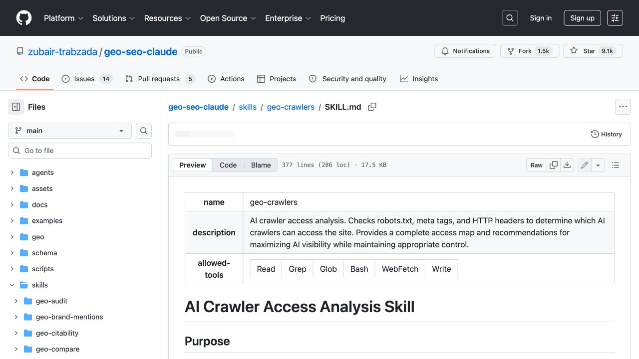 geo-crawlers 的官方 SKILL.md 页面，可见 AI crawler access 与 robots.txt 检查说明