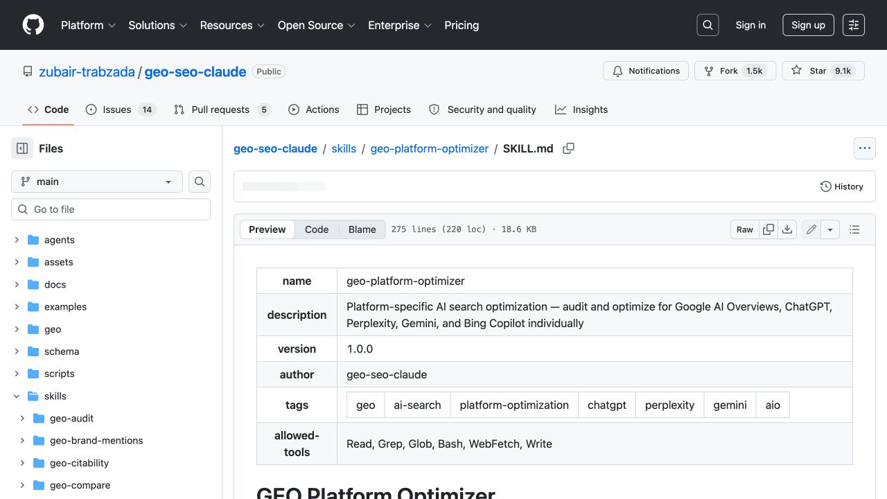 geo-platform-optimizer 的官方 SKILL.md 页面，可见平台专项优化说明