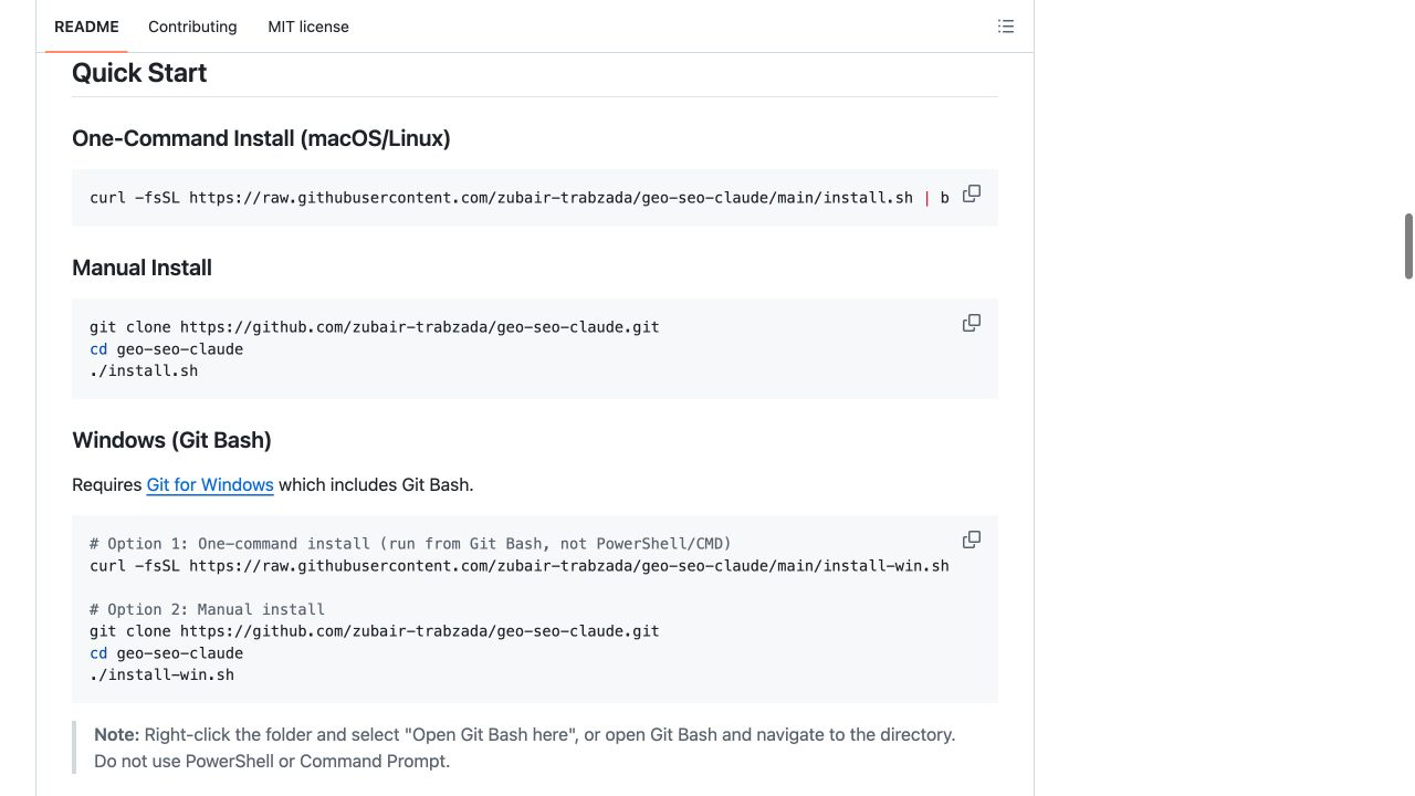 官方 README 的 Quick Start 区域,列出 macOS、Linux 和 Windows 安装命令