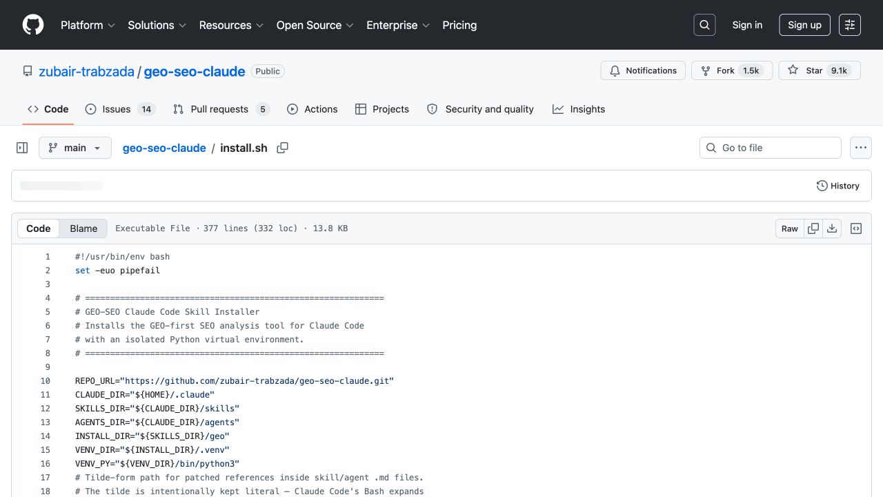 GitHub 中的 install.sh 源码页面,可见安装目录与依赖检查逻辑