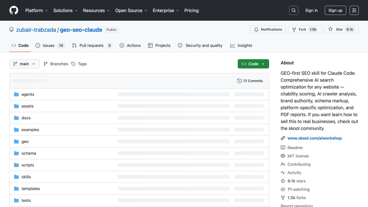 geo-seo-claude 的 GitHub 仓库首页,可见项目目录、公开仓库标识和功能简介