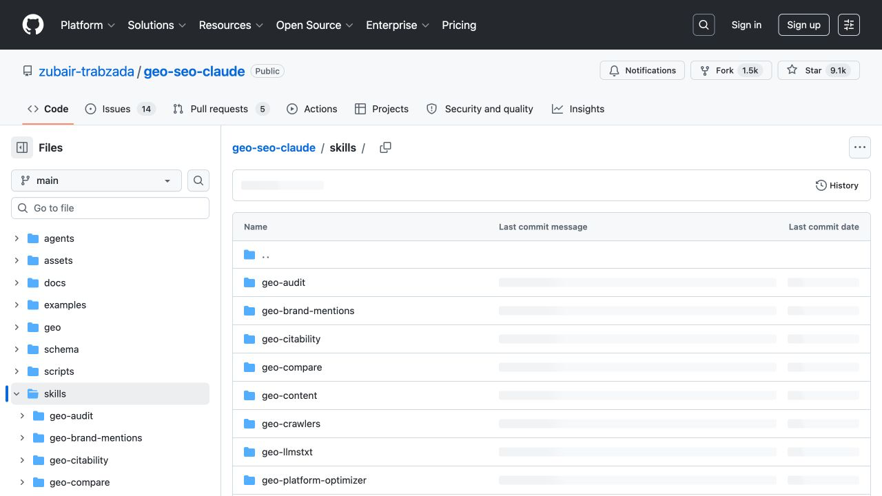 GitHub skills 目录,可见多个 geo 专项 Skill 文件夹