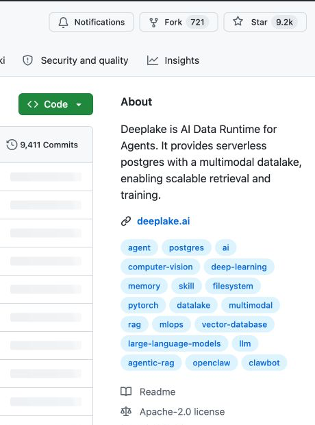 Deep Lake 官方 GitHub 关于页说明多模态数据湖、检索和训练能力