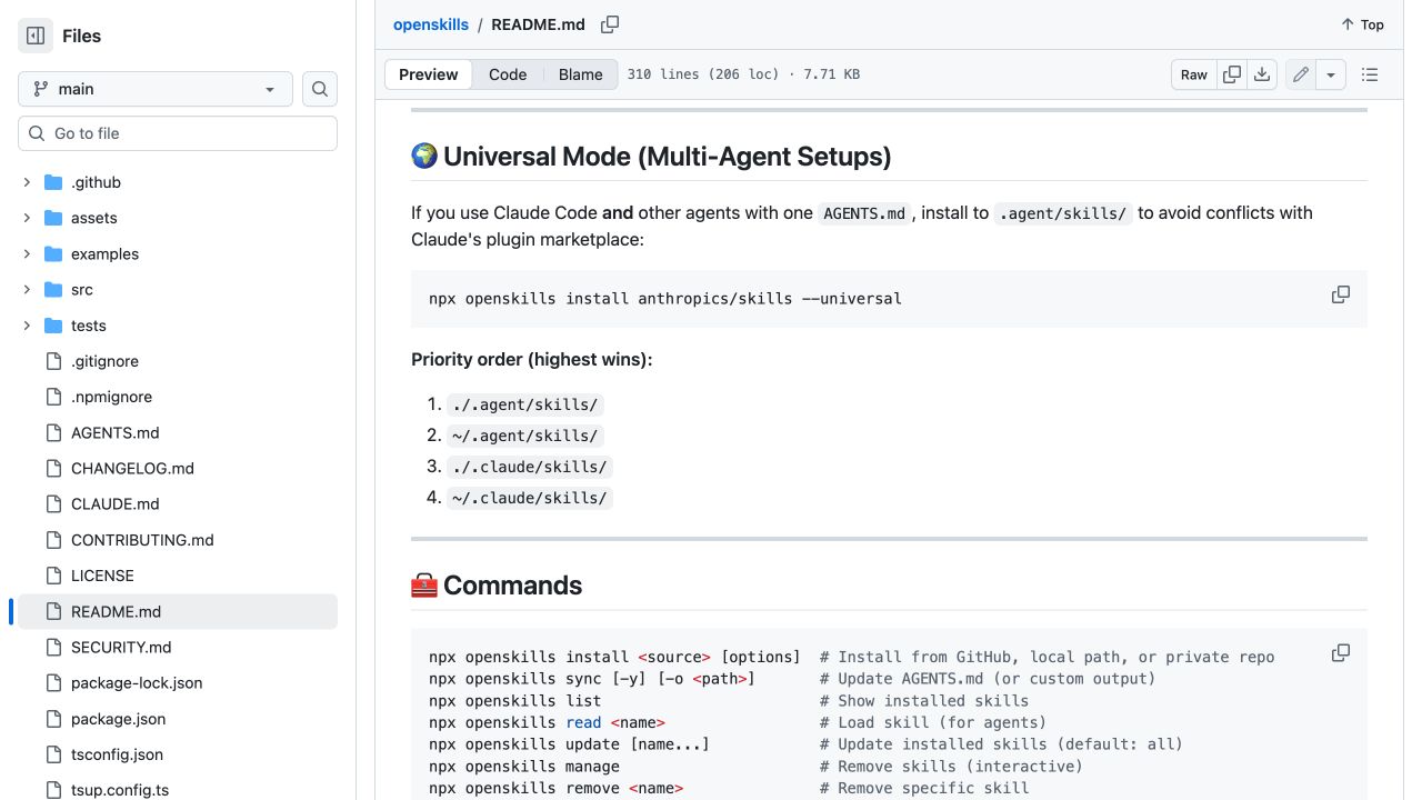OpenSkills 官方 README 展示 universal 安装命令、技能目录优先级和常用命令