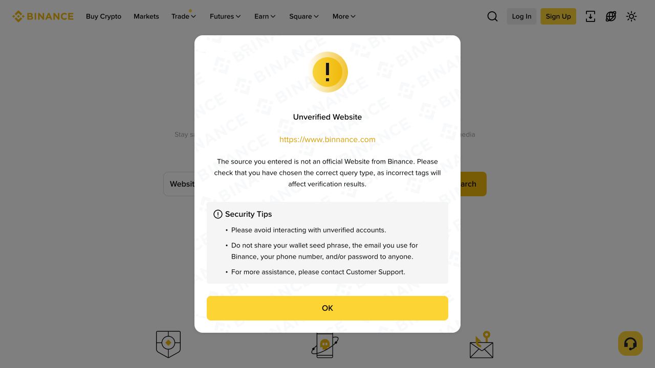Binance Verify显示近似拼写网站未通过核验