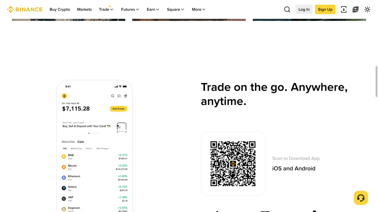 币安官网应用下载模块，页面显示 iOS 与 Android 入口