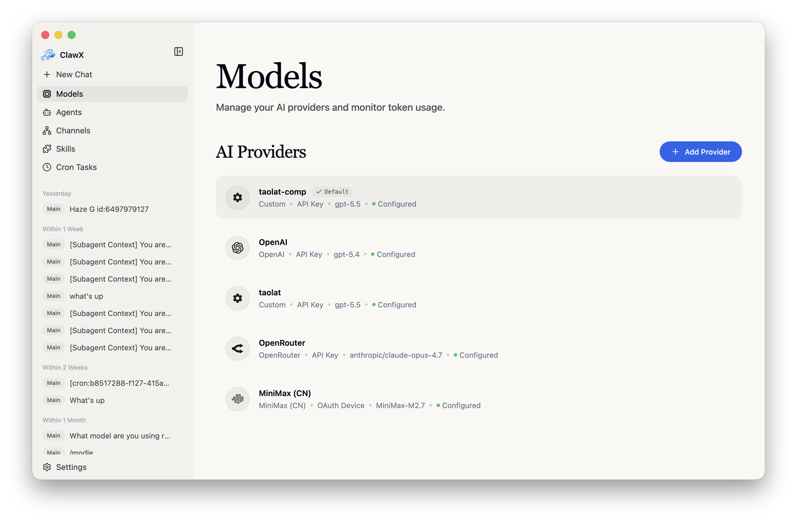ClawX Models 页面展示多个 AI Provider 的配置状态
