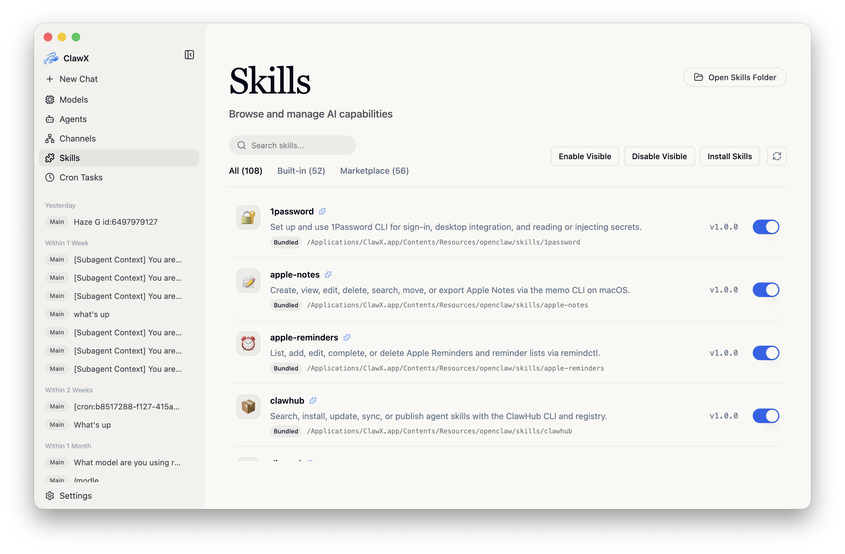 ClawX Skills 页面展示搜索、安装和启用能力的图形化入口