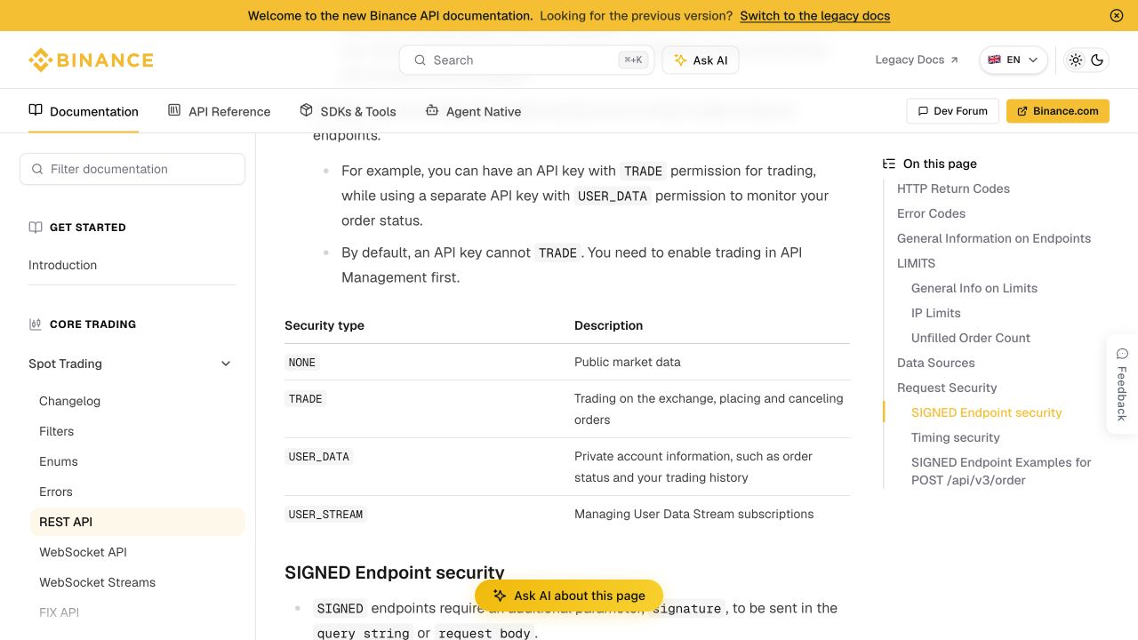 币安API安全类型表，区分NONE、TRADE、USER_DATA与USER_STREAM