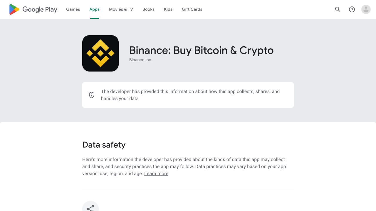Google Play Binance应用的数据安全信息页面