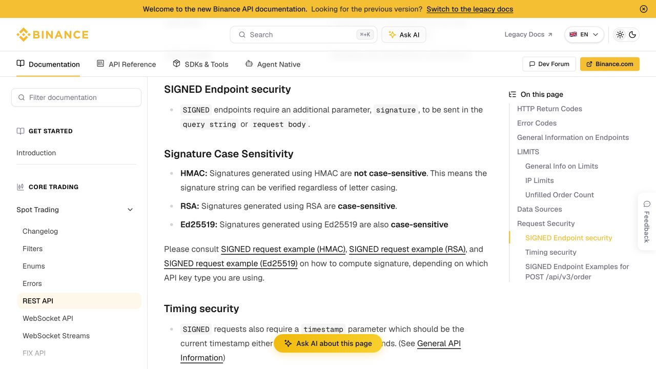 币安开发者文档中的SIGNED Endpoint security与Timing security说明