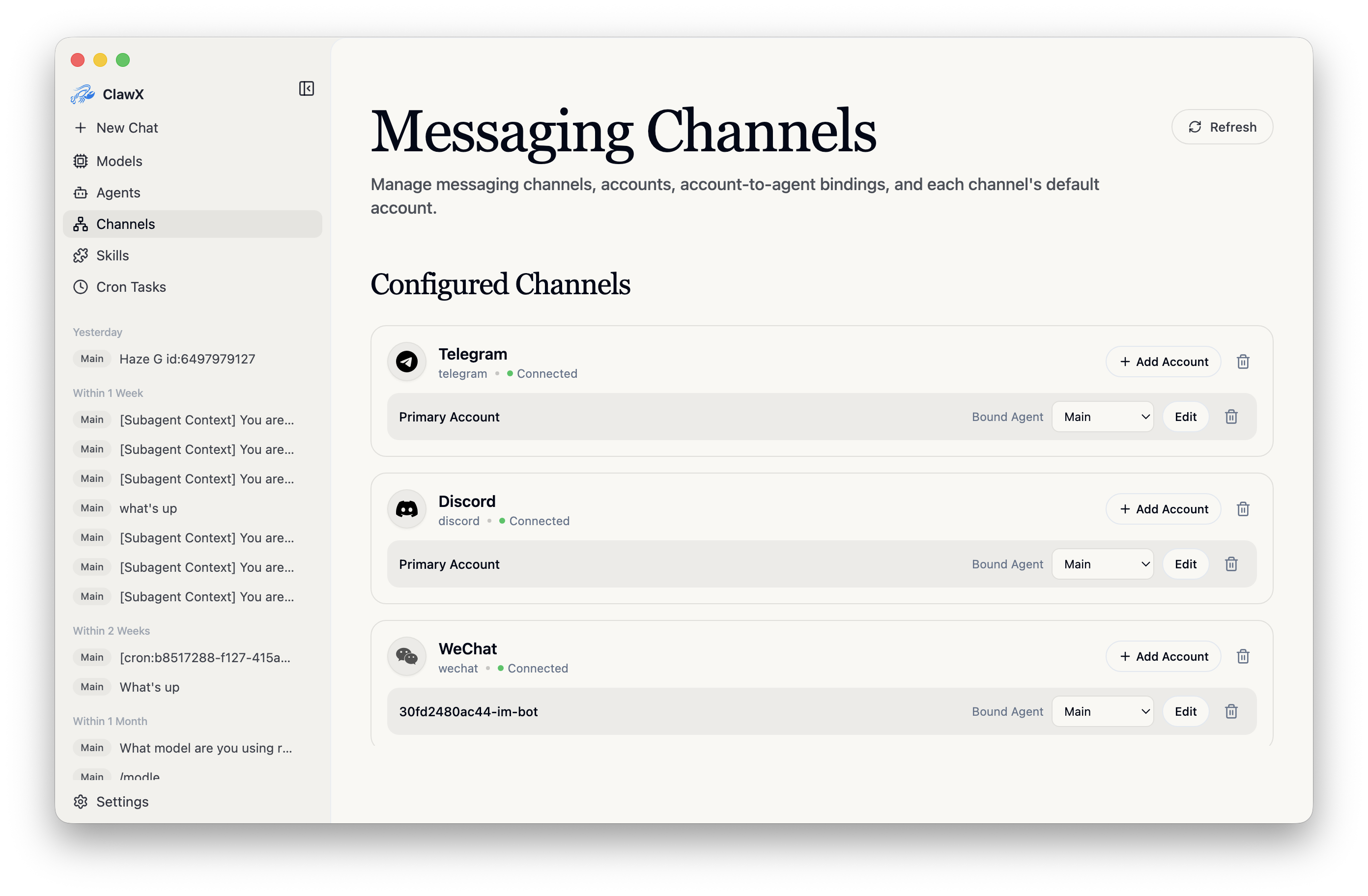 ClawX Messaging Channels 页面展示 T@elegrimm、Discord、微信账号和 Agent 绑定