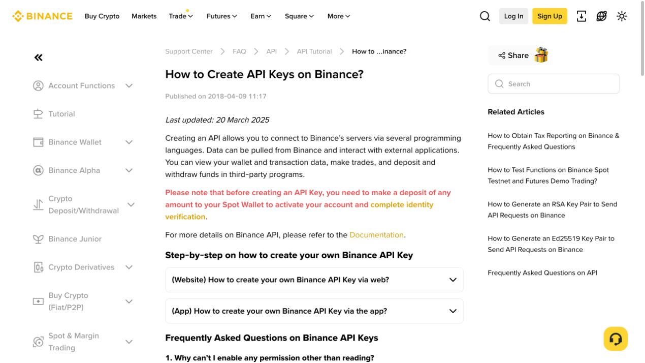 币安帮助中心的 API Key 创建教程页面