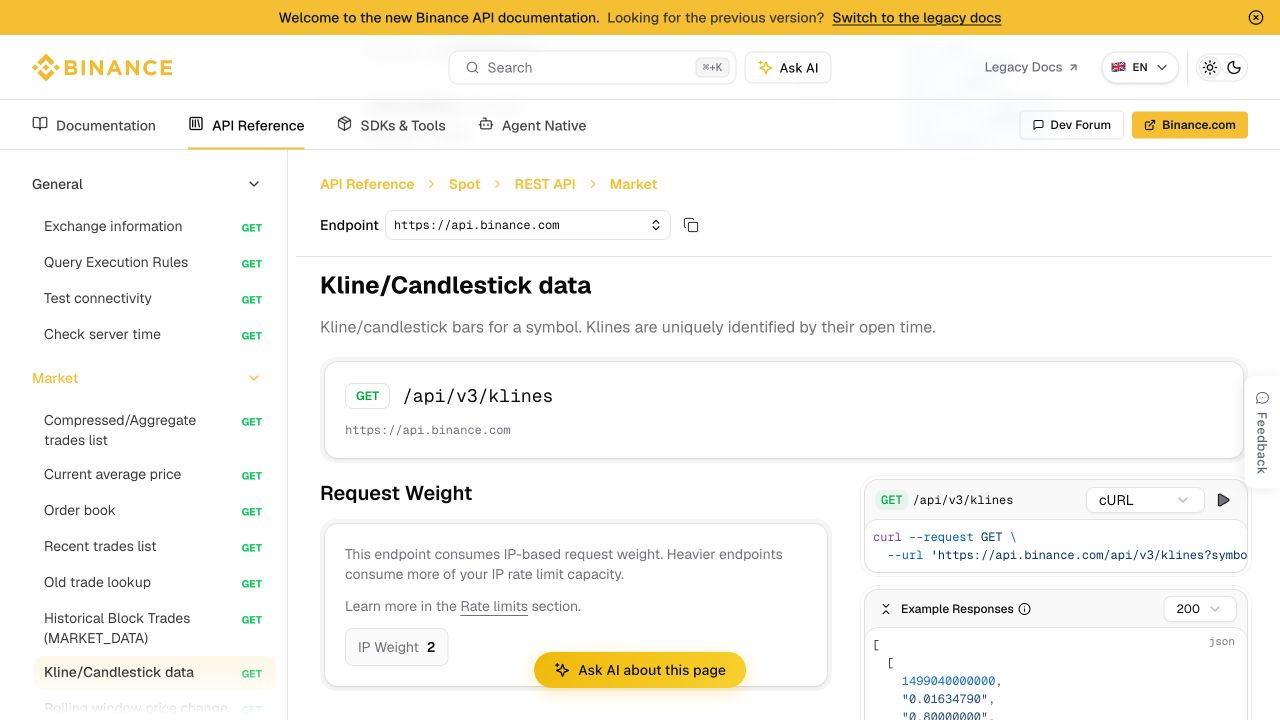 币安现货 Kline Candlestick data 接口路径和示例响应
