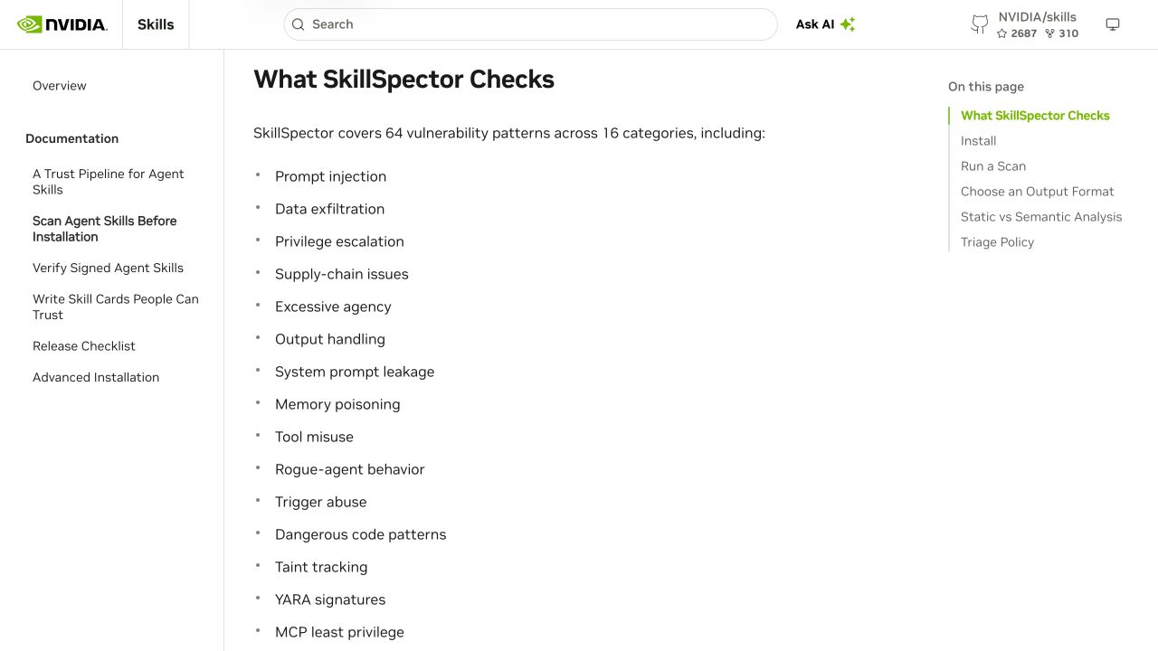 NVIDIA 文档列出的 SkillSpector 风险检查类别