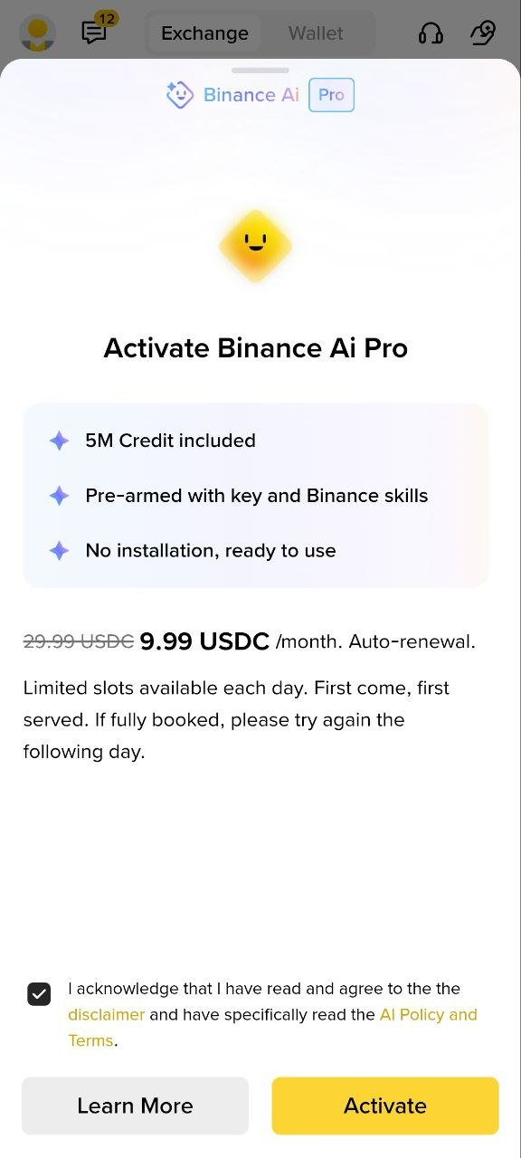 币安 Ai Pro 激活页显示高级模型积分和 Beta 月费
