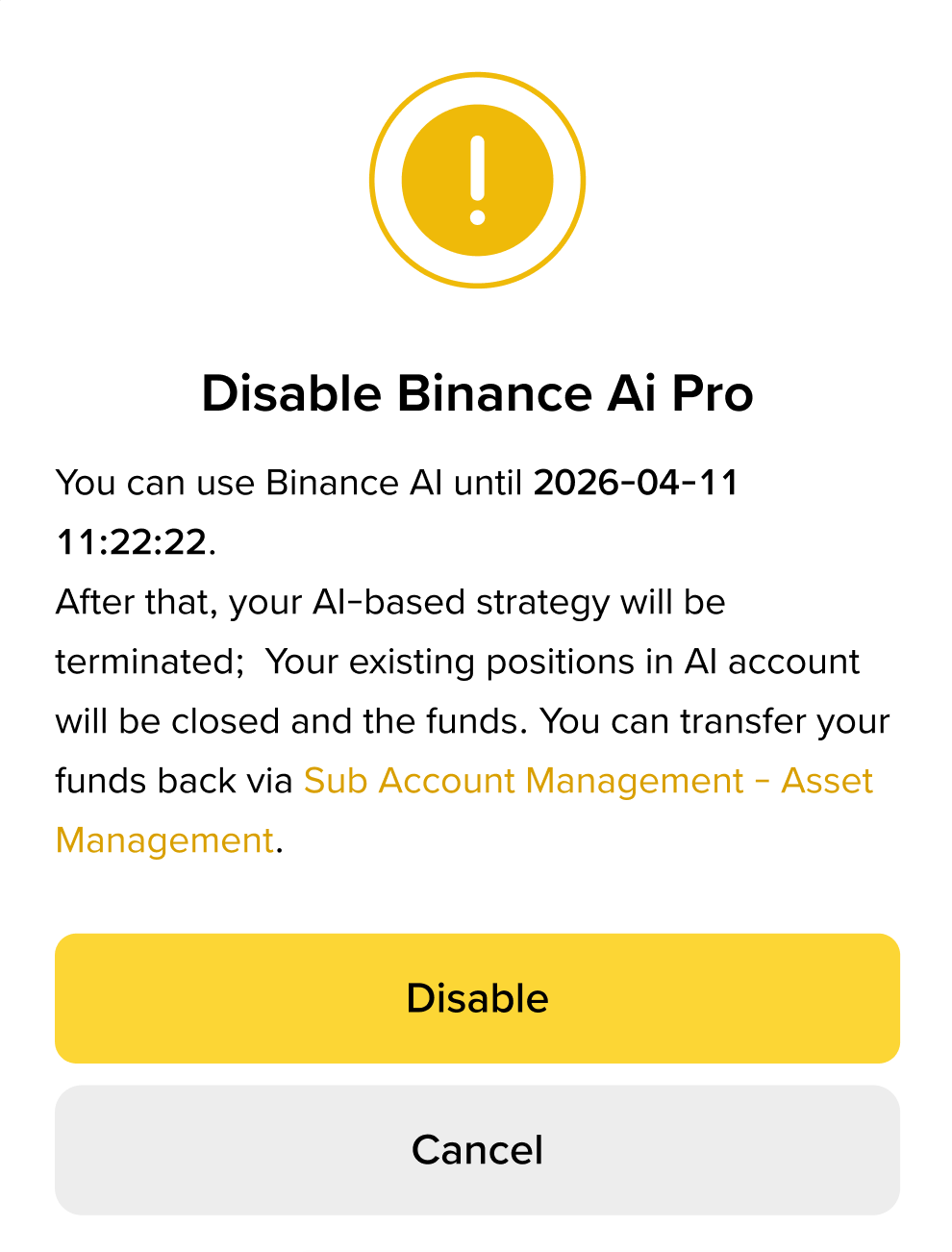 币安Ai Pro订阅设置页面展示停用订阅入口