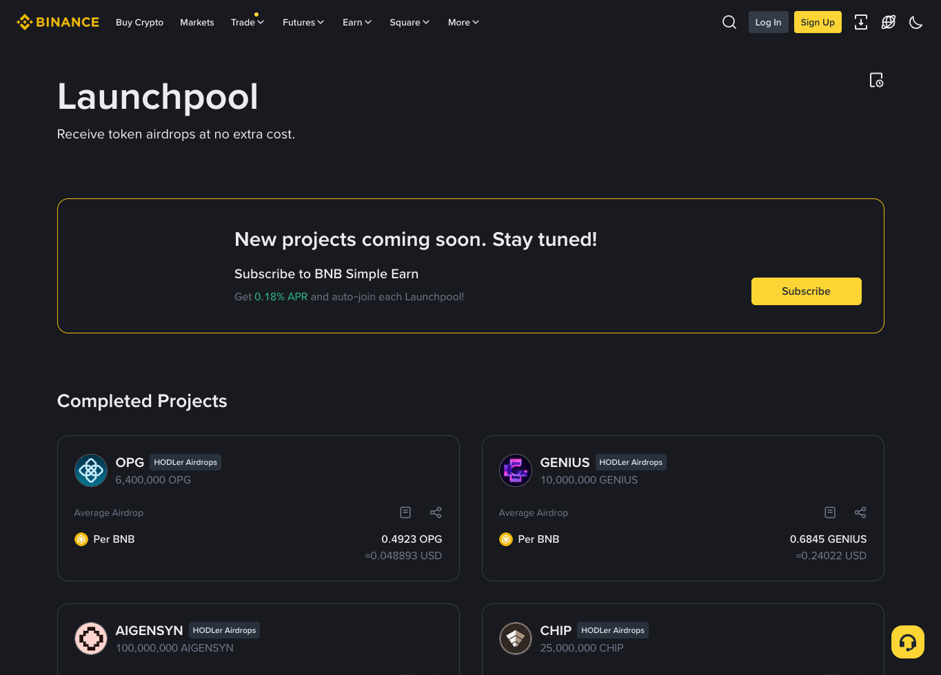 币安Launchpool页面显示当前项目状态和已完成项目卡片
