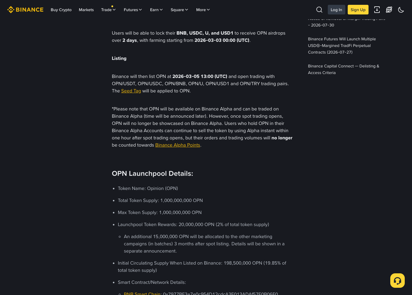 币安OPN Launchpool公告展示BNB USDC U USD1奖励池分配
