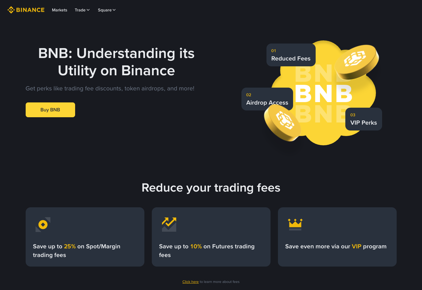 币安 BNB 介绍页展示 BNB 用途与生态入口