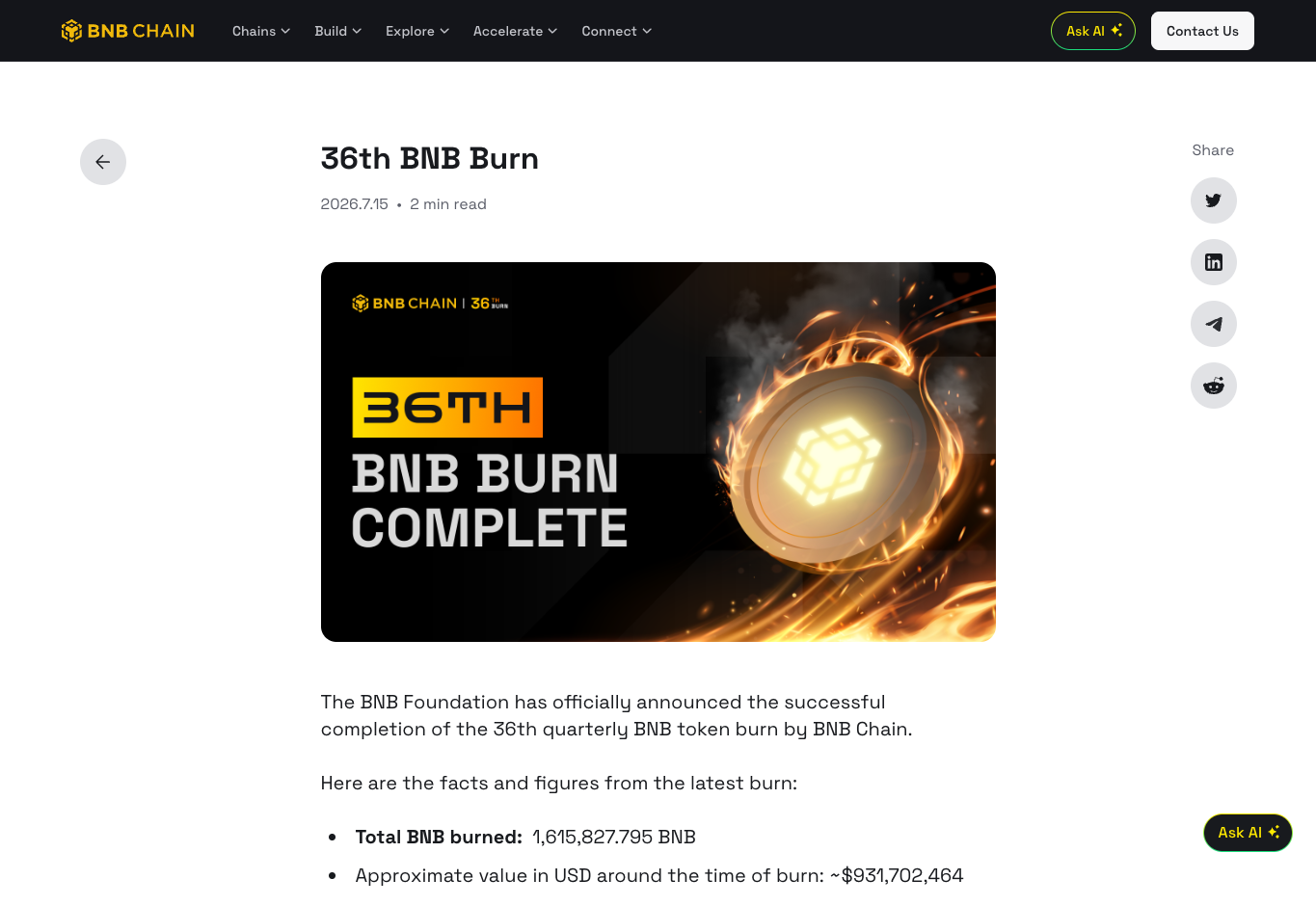 BNB Chain 第 36 次 BNB 销毁公告页面