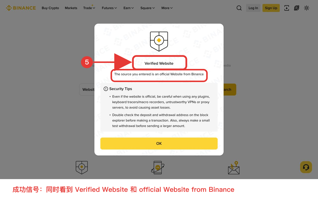 币安官方验证页面显示 verified 结果