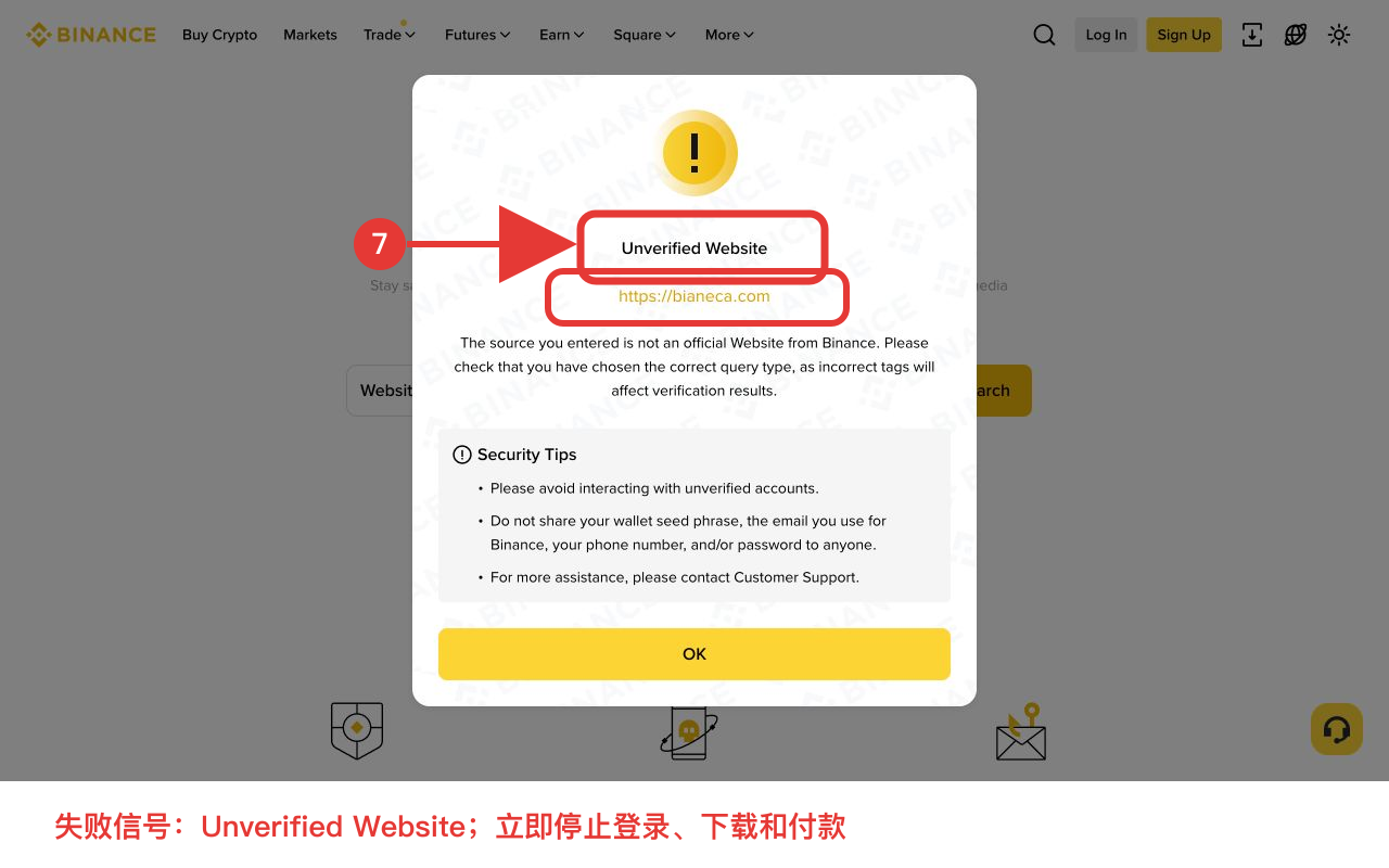 币安官方验证页面显示 unverified 结果