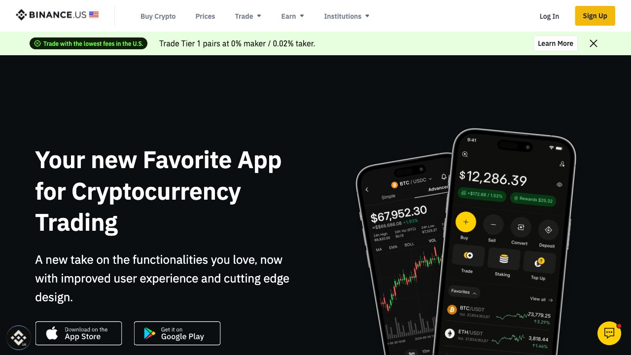 Binance.US 官方下载页显示 Download on the App Store 按钮和移动端界面