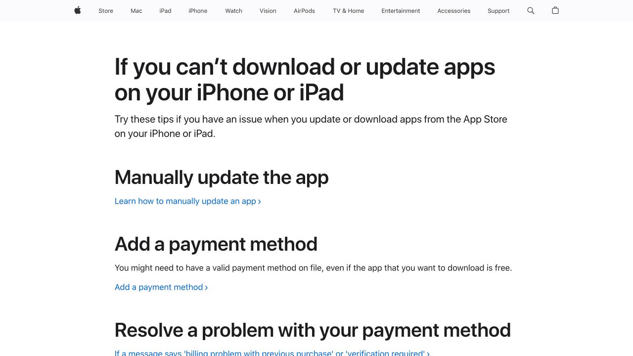 Apple 支持页列出无法下载或更新 App 时的付款方式、手动更新和重启等排查项