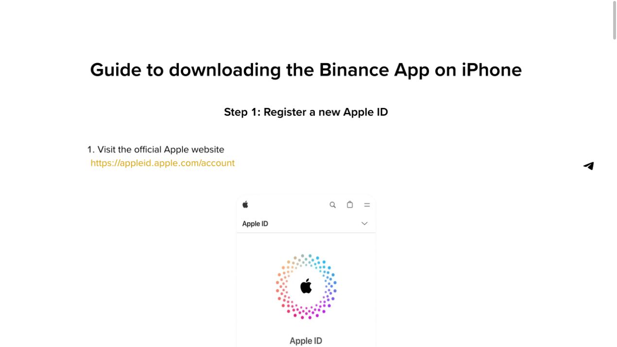 币安 iPhone 下载指引页面展示注册 Apple ID 和下载 App 的步骤