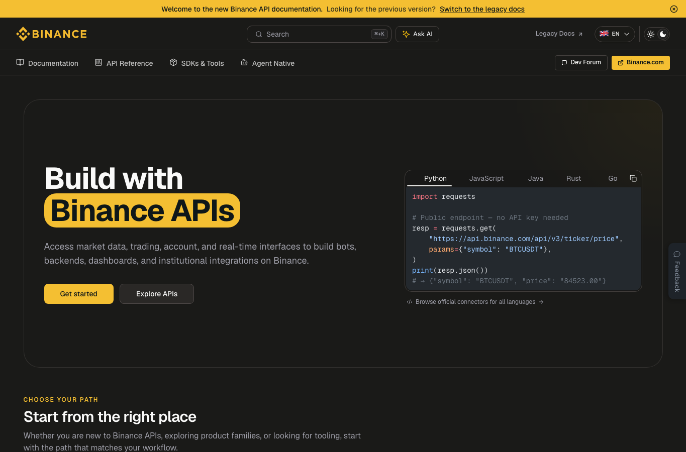 Binance Developer Docs首页显示API产品入口和公开行情示例